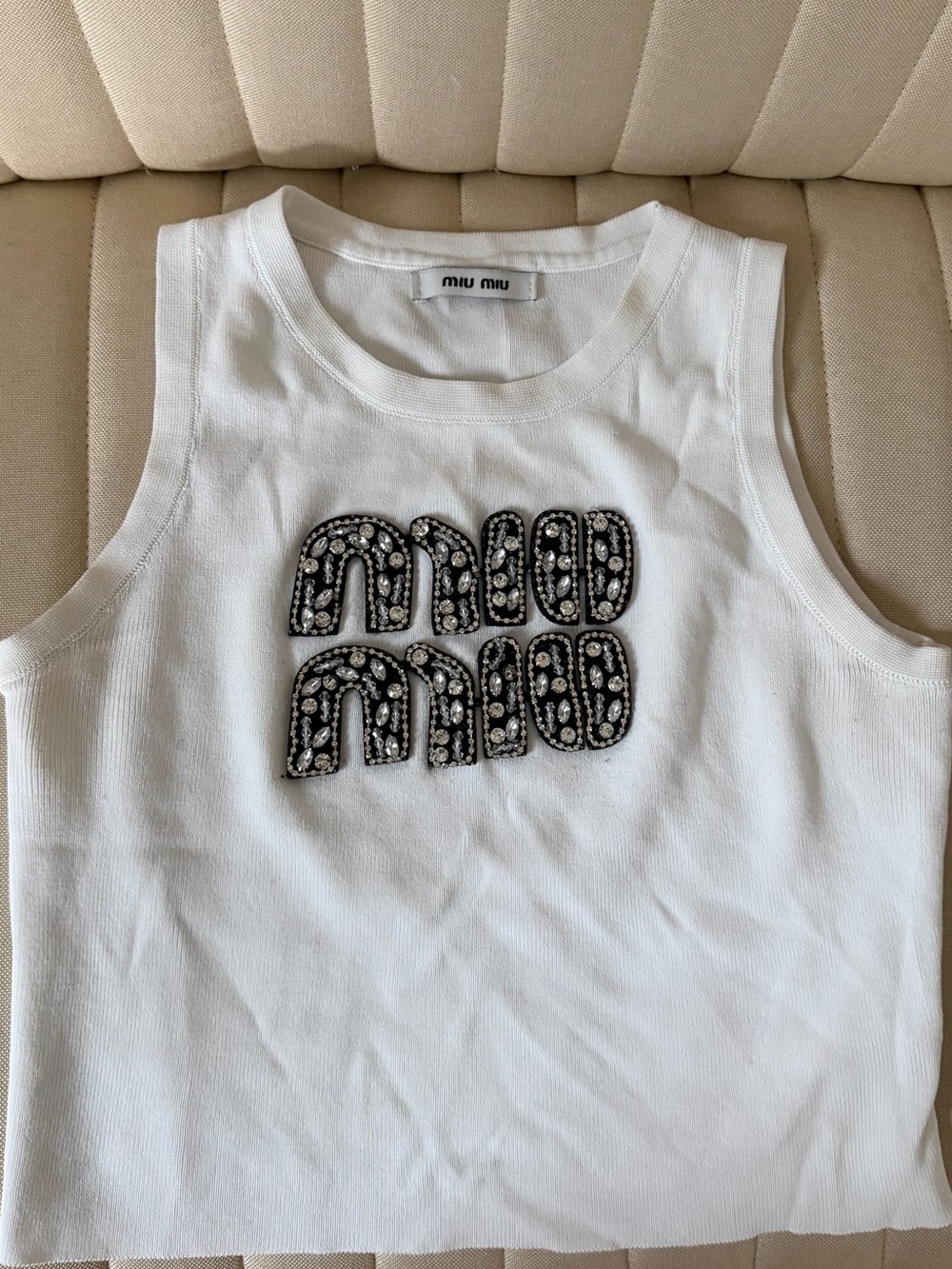 Miu Miu White Tank Top with Crystal-Embellished Logo